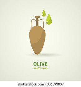 Amphora with olive oil. Vector illustration. Colorful flat icon. Olive oil drops.