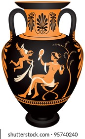 Amphora, Red-figure Vase Painting Vector Images, Greek Goddess Aphrodite With The Mirror And Winged Eros, Or Venus And Cupid, Ceramic Pottery In Ancient Greece And Rome For The Vine And Olive Oil