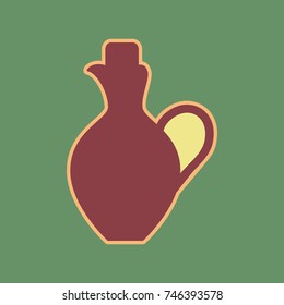 Amphora sign illustration. Vector. Cordovan icon and mellow apricot halo with light khaki filled space at russian green background.