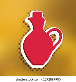Amphora sign illustration. Vector. Magenta icon with darker shadow, white sticker and black popart shadow on golden background.