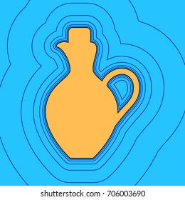 Amphora sign illustration. Vector. Sand color icon with black contour and equidistant blue contours like field at sky blue background. Like waves on map - island in ocean or sea.