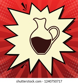 Amphora sign. Vector. Dark red icon in lemon chiffon shutter bubble at red popart background with rays.