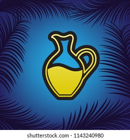 Amphora sign. Vector. Golden icon with black contour at blue background with branches of palm trees.