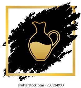 Amphora sign. Vector. Golden icon at black spot inside golden frame on white background.