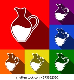 Amphora sign. Vector. Set of icons with flat shadows at red, orange, yellow, green, blue and violet background.