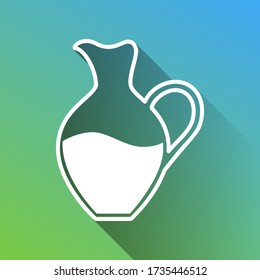 Signo de ánfora. Icono blanco con sombra ilimitada gris sobre fondo verde a azul. Ilustración.