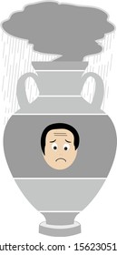 Amphora used as a symbol of emotional container. Gray amphora with sad male face on it and rainy  cloud above used as a symbol of sadness.