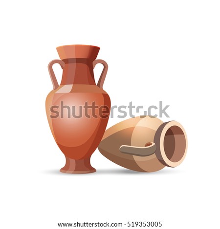 Amphora vase set isolated on white. Dark clay vases, one lies the floor. Two clay jars Egyptian style. Old traditional vintage pot. Ancient decorative element. Ceramics accessory. Greek style. Vector