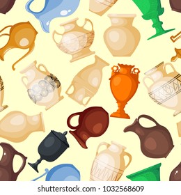 Amphora vector jar bottle amphoric ancient greek vases and symbols of antiquity and Greece amphora bottle vase illustration set seamless pattern background