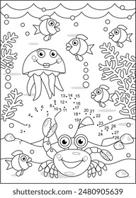 Amphorae connect the dots full page picture puzzle and coloring page, underwater life themed, with carb, fish, jellyfish, seabed, algae
