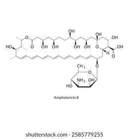 Amphotericin B skeletal structure.Antifungal antibiotic compound schematic illustration. Simple diagram, chemical formula.