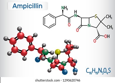 Ampicillin drug molecule. It is beta-lactam antibiotic. Structural chemical formula and molecule model. Vector illustration