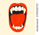 ampire mouth with fangs . Closed, open female red lips with long pointed canine teeth and bloody saliva express different emotions isolated on background Cartoon vector illustration, clip art