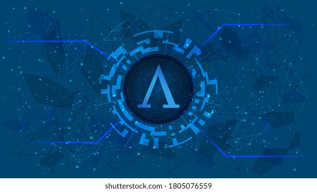 Ampleforth AMPL token symbol of the DeFi project in a digital circle with a cryptocurrency theme on a blue background. Cryptocurrency icon. Decentralized finance programs. Copy space. Vector EPS10.