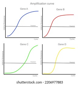 Die Amplifikationskurve mit qPCR oder Echtzeit-PCR-Technik stellt das Nachweisergebnis von Zielgen dar: A, B, C und D, die unterschiedliche Zyklusschwelle (Ct) in getrennten Diagrammen gezeigt haben.