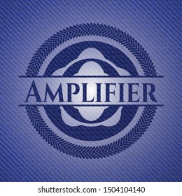 Amplifier emblem with jean high quality background. Vector Illustration. Detailed.