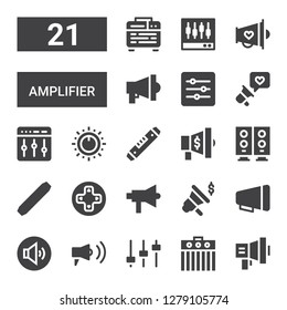 amplifier icon set. Collection of 21 filled amplifier icons included Megaphone, Amplifier, Levels, Volume adjustment, Controls, Level, Woofer, Control