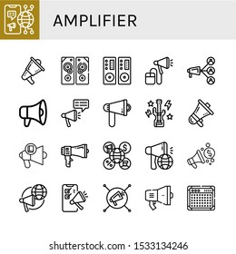 amplifier icon set. Collection of Megaphone, Sound system, Loudspeaker, Bass guitar, Amplifier icons