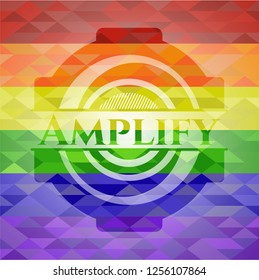 Amplify emblem on mosaic background with the colors of the LGBT flag