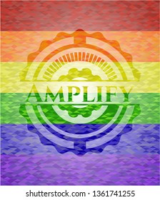 Amplify emblem on mosaic background with the colors of the LGBT flag