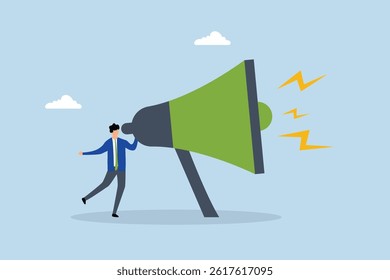 Amplify megaphone, businessman shouting on big amplifier megaphone.