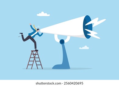 Amplify megaphone, communication voice or advertising message, important announcement loud shouting, broadcast word, message or information concept, businessman shouting on big amplifier megaphone.