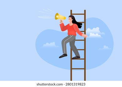 Amplify your corporate message with a business woman shouting into a megaphone while climbing the ladder of success. Modern horizontal character concept representing career growth, leadership announcement, public relations marketing, and achievement against a friendly blue sky cloud background.