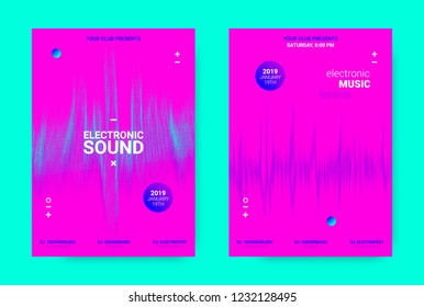 Amplitude of Waves. Electronic Music Poster Concept. Dance Event Promotion. Wave Banner for Techno Sound. Flyer with Equalizer, Distorted Waves and Dotted Lines. House Music Night Party Announcement.