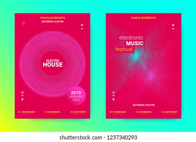 Amplitude of Waves. Electronic Music Poster Concept. Dance Event Promotion. Wave Banner for Techno Sound. Flyer with Equalizer, Distorted Waves and Dotted Lines. House Music Night Party Announcement.