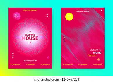 Amplitude of Waves. Electronic Music Poster Concept. Dance Event Promotion. Wave Banner for Techno Sound. Flyer with Equalizer, Distorted Waves and Dotted Lines. House Music Night Party Announcement.