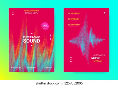 Amplitude of Waves. Electronic Music Poster Concept. Dance Event Promotion. Wave Banner for Techno Sound. Flyer with Equalizer, Distorted Waves and Dotted Lines. House Music Night Party Announcement.