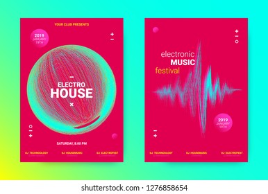 Amplitude of Waves. Electronic Music Poster Concept. Dance Event Promotion. Wave Banner for Techno Sound. Flyer with Equalizer, Distorted Waves and Dotted Lines. House Music Night Party Announcement.