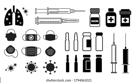 Ampoule with coronavirus vaccine icons. Virus and syringe vector illustration. Vaccine vial dose symbols, flu shot drug signs