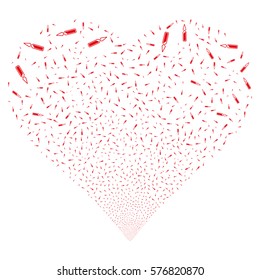 Ampoule fireworks with heart shape. Vector illustration style is flat red iconic symbols on a white background. Object valentine heart constructed from scattered pictograms.
