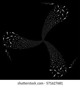 Ampoule fireworks swirl rotation. Vector illustration style is flat white iconic symbols on a black background. Object twirl combined from random symbols.