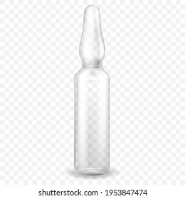 Ampoule. Glass medical ampule or vial with a vaccine or medicine for treatment isolated on transparent background. Injection ampoule realistic 3d mockup