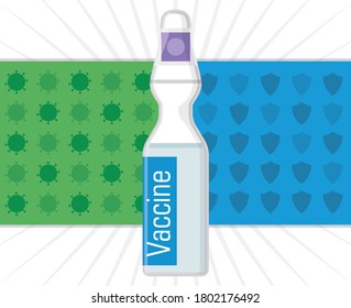 
Ampoule and label with virus and shield silhouettes, symbolizing the protection later to vaccination against virus and diseases.