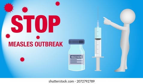 Ampoule with measles vaccine, syringe with a dose of vaccine on a light background. The Doctor points to the inscription STOP MEASLES OUTBREAK. Measles vaccination concept for children. Vector 