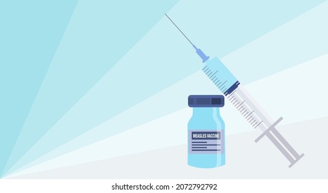 Ampoule with measles vaccine syringe with a dose of vaccine on a light background. Measles vaccination concept for children. Vector illustration