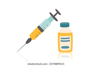 Ampoule of medicine and a syringe. The concept of medicine, treatment and vaccination. Vector flat clipart.