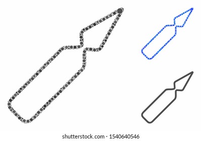 Ampoule mosaic of spheric dots in variable sizes and shades, based on ampoule icon. Vector dots are united into blue mosaic. Dotted ampoule icon in usual and blue versions.