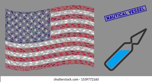 Ampoule pictograms are organized into USA flag mosaic with blue rectangle rubber stamp seal of Nautical Vessel phrase. Vector collage of USA waving flag is designed of ampoule elements.