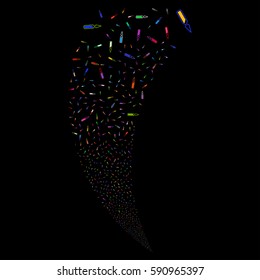 Ampoule random fireworks stream. Vector illustration style is flat bright multicolored iconic symbols on a black background. Object fountain organized from scattered design elements.