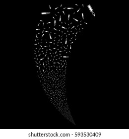 Ampoule random fireworks stream. Vector illustration style is flat white iconic symbols on a black background. Object fountain constructed from scattered pictograms.