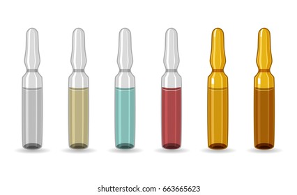 Ampoule. Set of ampoules of different colors. Hermetically sealed glass vessel, intended for storage of medicinal preparations. Medicine and healthcare. Vector illustration.