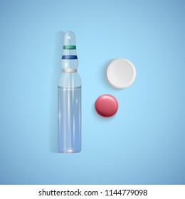 Ampoule. Set of ampoules. Hermetically sealed glass vessel, intended for storage of medicinal preparations. Medicine and healthcare. Vector illustration.