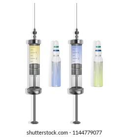 Ampoule. Set of ampoules, syringe and tablets. Medicine and healthcare. Vector illustration.