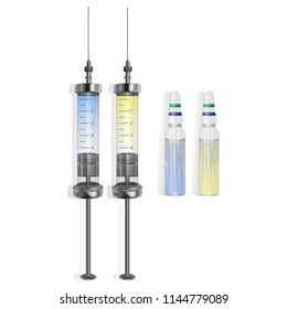 Ampoule. Set of ampoules, syringe and tablets. Medicine and healthcare. Vector illustration.