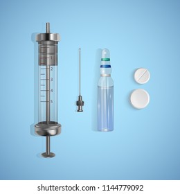 Ampoule. Set of ampoules, syringe and tablets. Medicine and healthcare. Vector illustration.