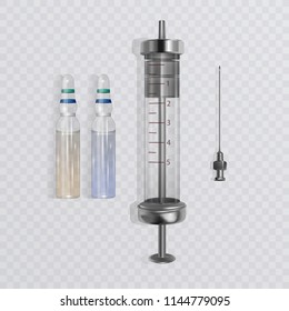 Ampulle. Ampullen, Spritze und Tabletten. Medizin und Gesundheitswesen. Vektorgrafik.